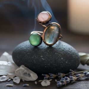 Boho Adjustable Copper Ring With Rose‎ Quartz, Aventurine & Labradorite Stones